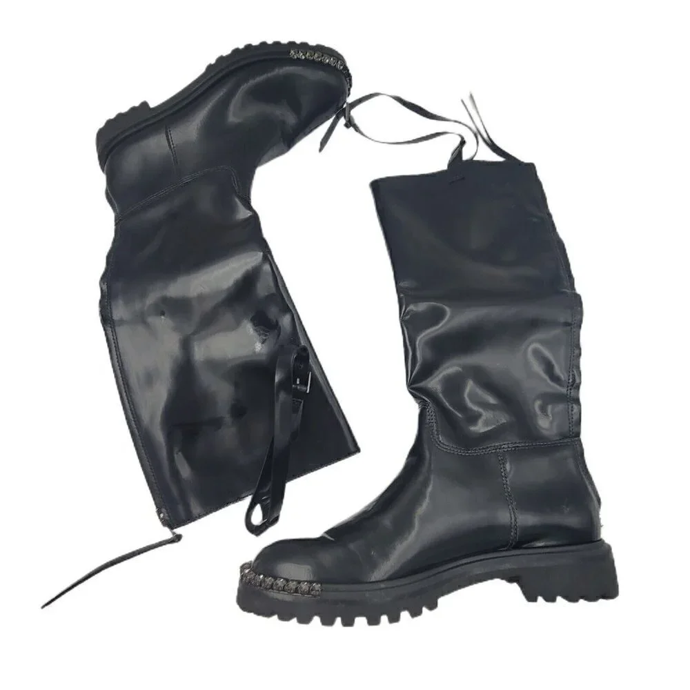 NEW Schutz Cianna Embellished Toe Black Polished Leather Riding Boots Size 6.5B